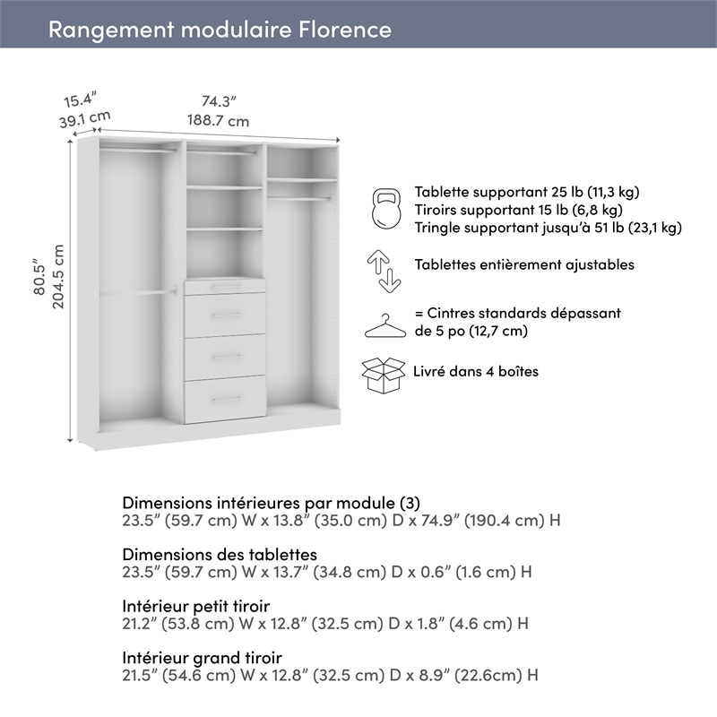 Florence 75W x 16D Closet System with Rods Drawers Slab - Engineered Wood