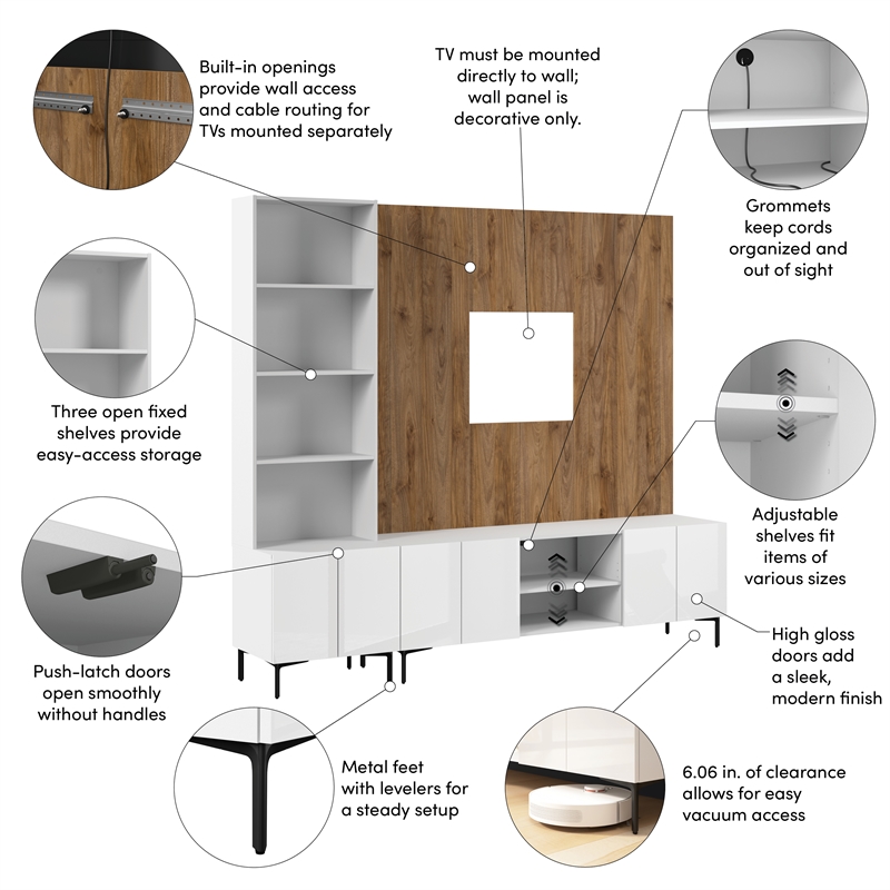94W TV Stand Storage Cabinet Hutch and Small Wall Panel - Engineered Wood
