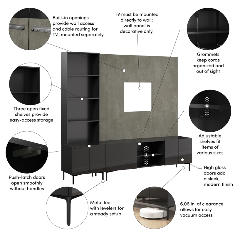 94W TV Stand Storage Cabinet Hutch and Small Wall Panel - Engineered Wood