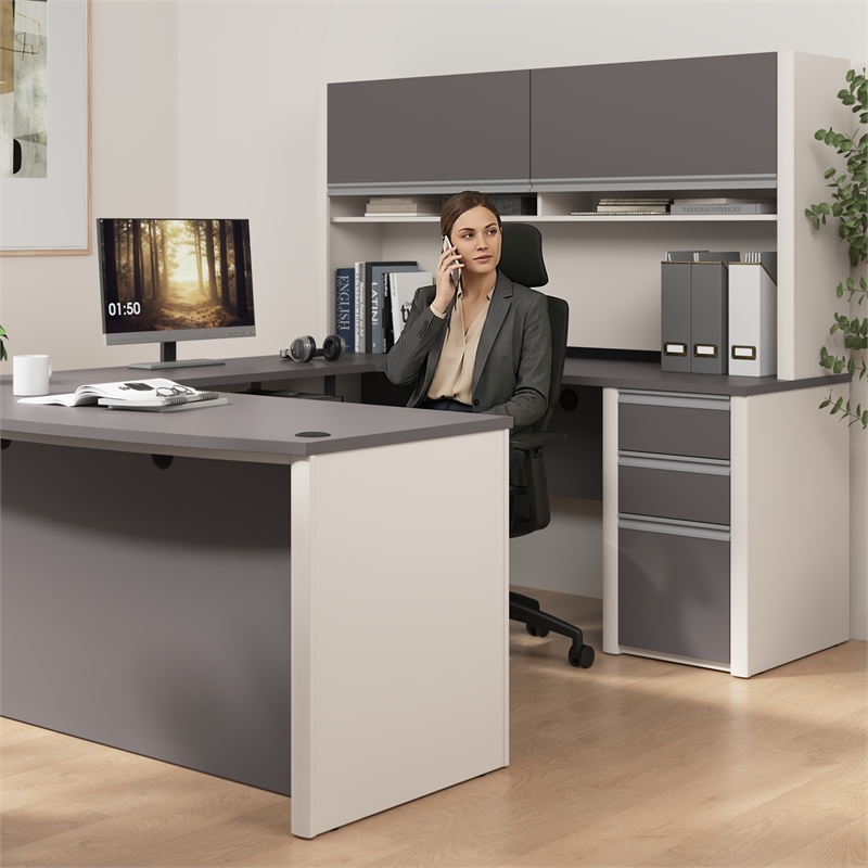 Bestar Connexion Engineered Wood U-Shaped Desk with Hutch in Slate/Sandstone