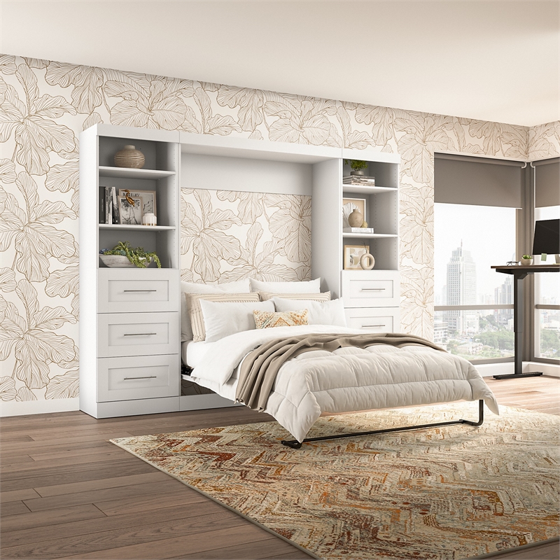 Bestar Pur Full Murphy Bed and 2 Shelving Units with Drawers (109W) in White