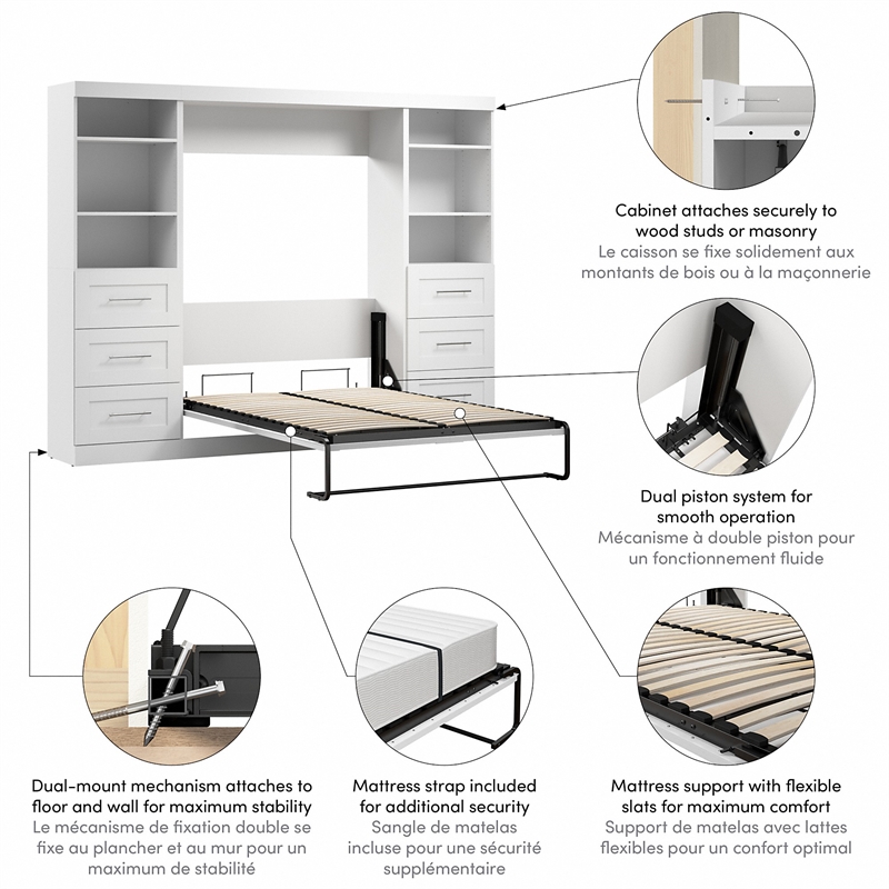 Bestar Pur Full Murphy Bed and 2 Shelving Units with Drawers (109W) in White
