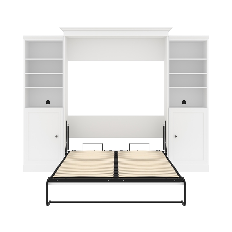 Bestar Versatile Wood Queen Murphy Bed and 2 Organizers with Doors in White