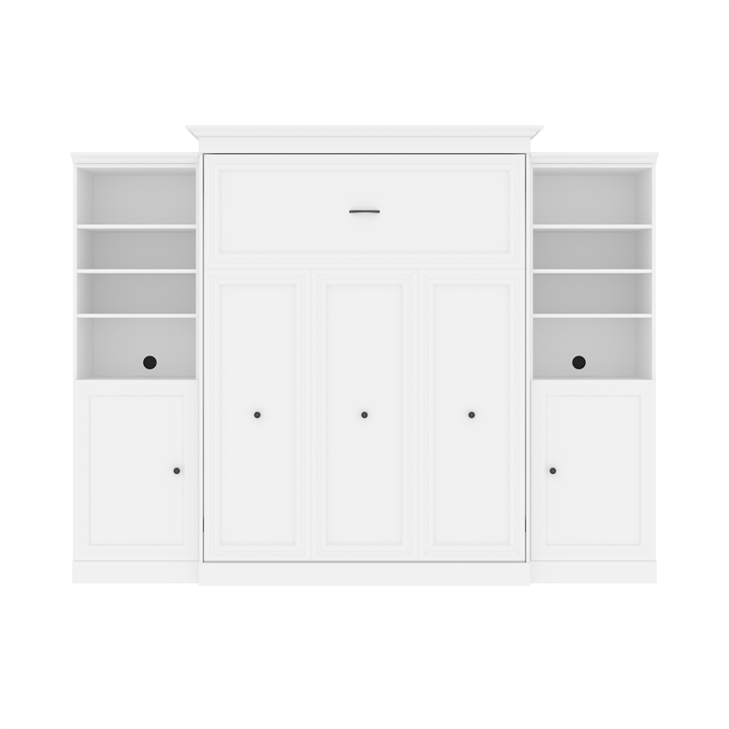 Bestar Versatile Wood Queen Murphy Bed and 2 Organizers with Doors in White