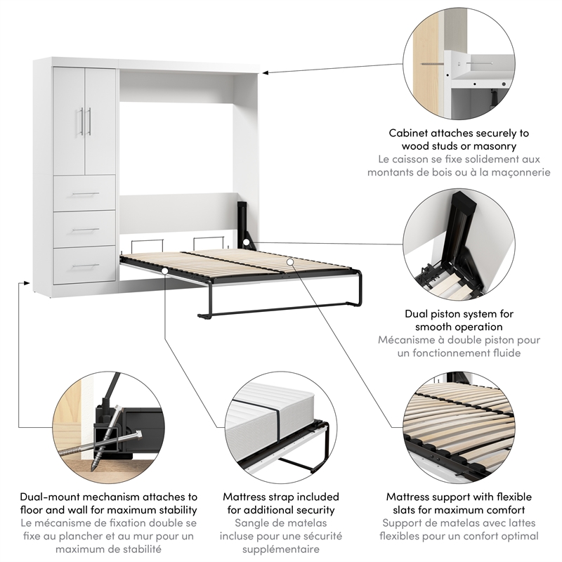 Bestar Nebula 84W Engineered Wood Full Wall Bed Set with 3 Drawer Set in White