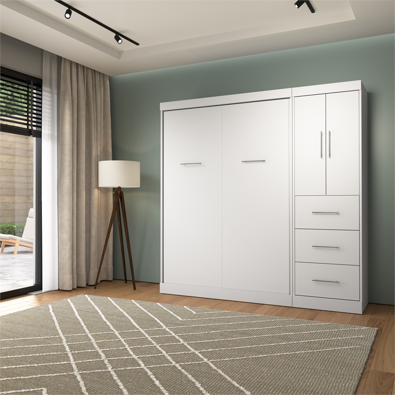 Bestar Nebula 84W Engineered Wood Full Wall Bed Set with 3 Drawer Set in White