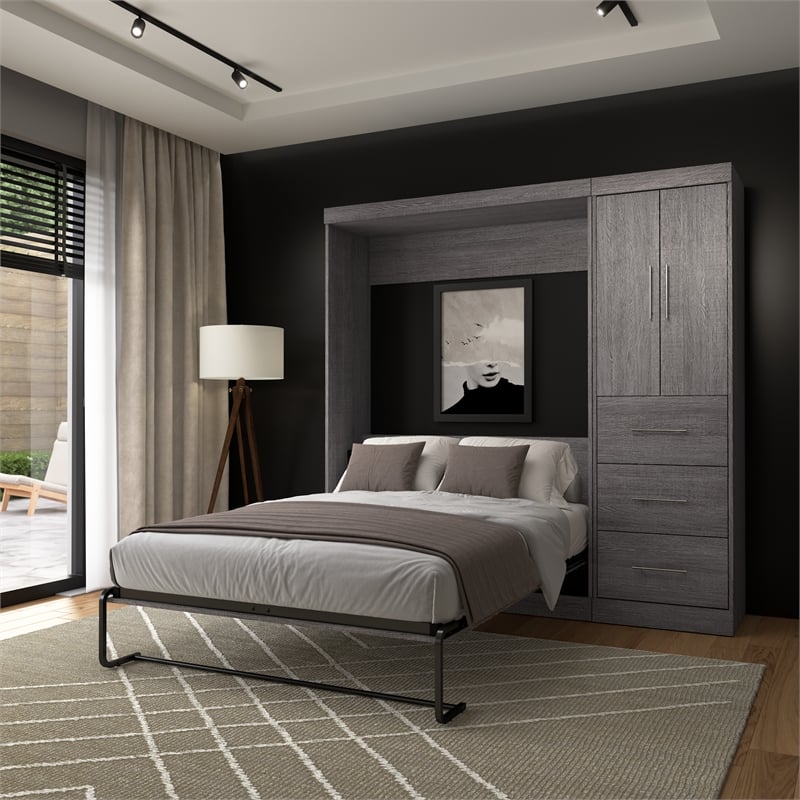 Bestar Nebula 84W Engineered Wood Full Wall Bed Kit w/ 3 Drawer Set in Bark Gray