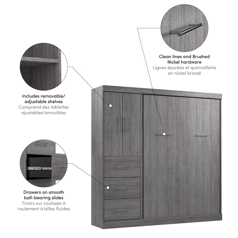 Bestar Nebula 84W Engineered Wood Full Wall Bed Kit w/ 3 Drawer Set in Bark Gray