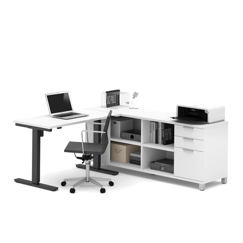 Bestar Pro Linea L Shape Power Adjustable Table in White