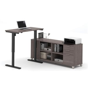 Bestar Pro Linea L Shape Power Adjustable Table in Bark Gray