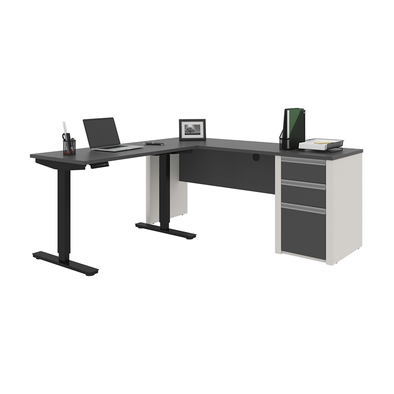 Bestar Connexion Power Adjustble L-Shaped Table in Slate and Sandstone