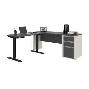 Bestar Connexion Power Adjustble L-Shaped Table in Slate and Sandstone