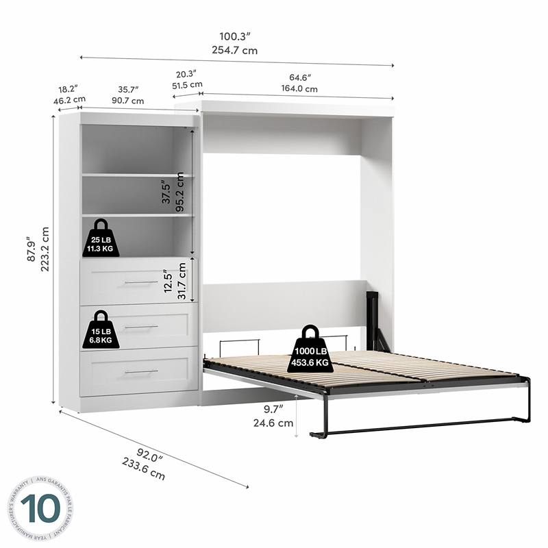Bestar Pur Queen Wall Bed with Storage in White