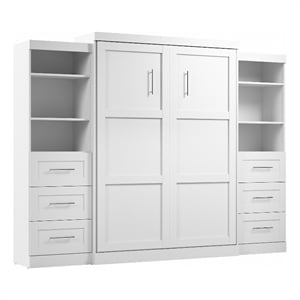 Bestar Pur Queen Murphy Bed and 2 Shelving Units with Drawers (115W) in White