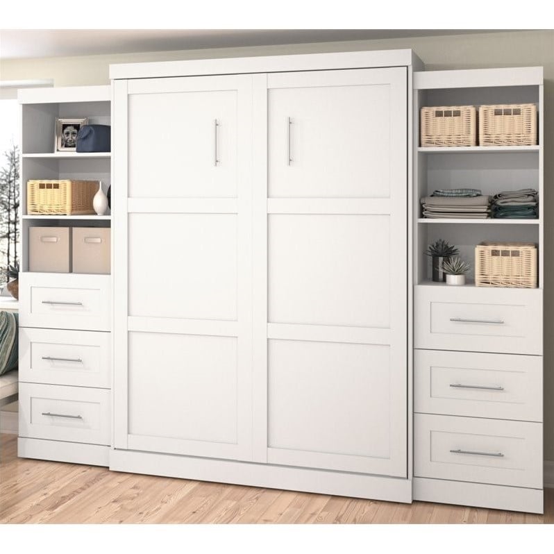 Bestar Pur Queen Murphy Bed and 2 Shelving Units with Drawers (115W) in White