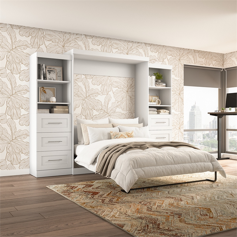 Bestar Pur Queen Murphy Bed and 2 Shelving Units with Drawers (115W) in White