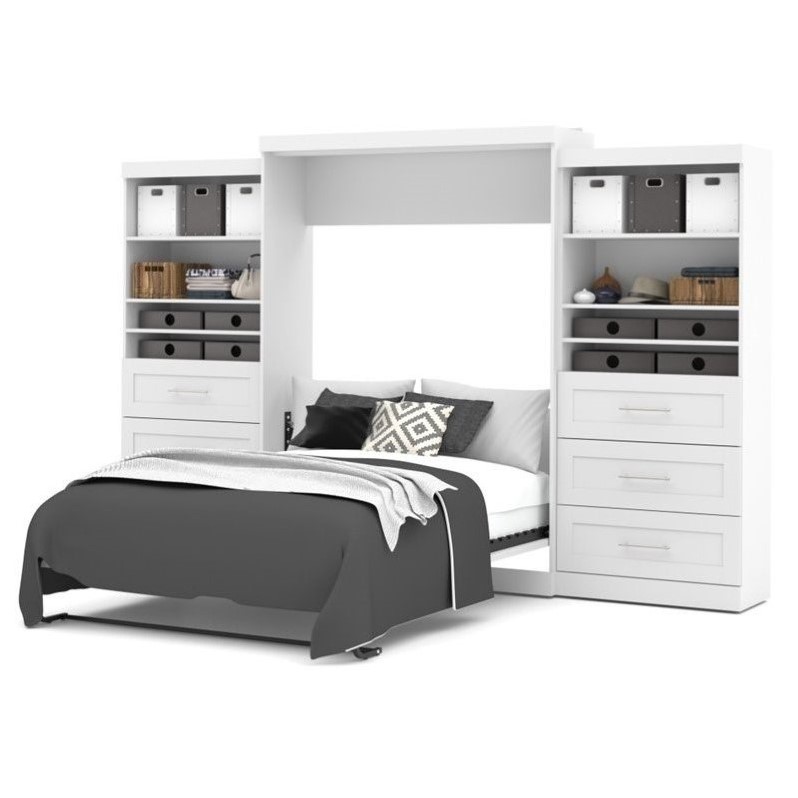 Bestar Pur Queen Murphy Bed and 2 Shelving Units with Drawers (136W) in White