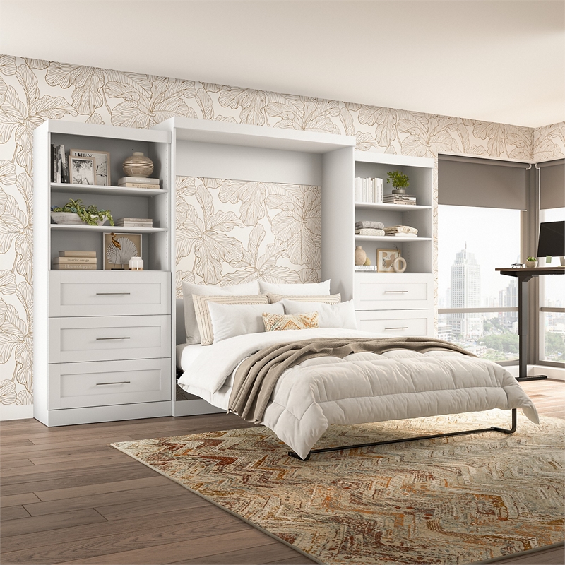 Bestar Pur Queen Murphy Bed and 2 Shelving Units with Drawers (136W) in White
