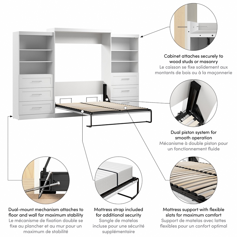 Bestar Pur Queen Murphy Bed and 2 Shelving Units with Drawers (136W) in White