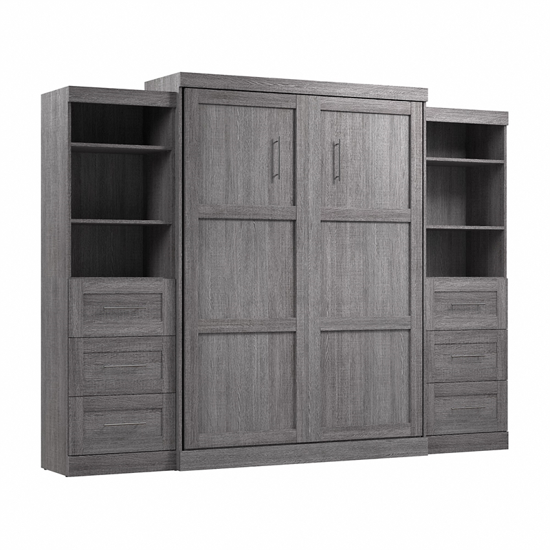 Bestar Pur Queen Murphy Bed and 2 Shelving Units w/Drawers (115W) in Bark Gray