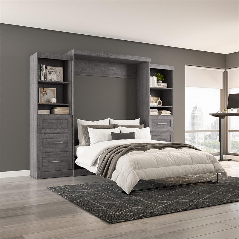 Bestar Pur Queen Murphy Bed and 2 Shelving Units w/Drawers (115W) in Bark Gray