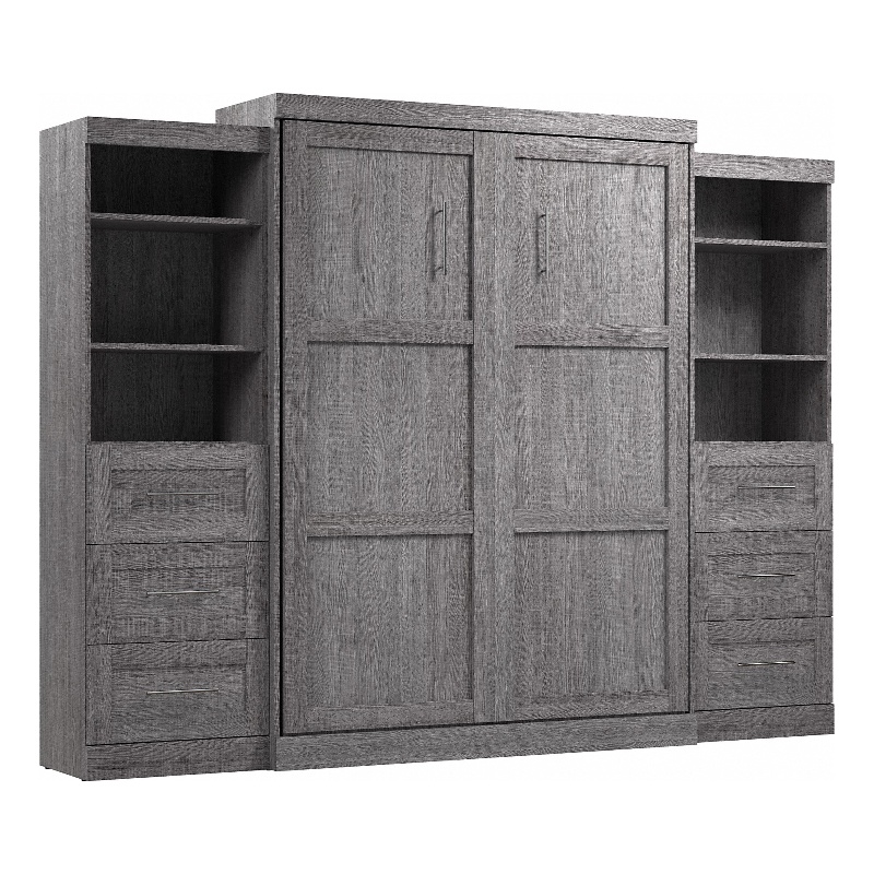 Bestar Pur Queen Murphy Bed and 2 Shelving Units w/Drawers (115W) in Bark Gray