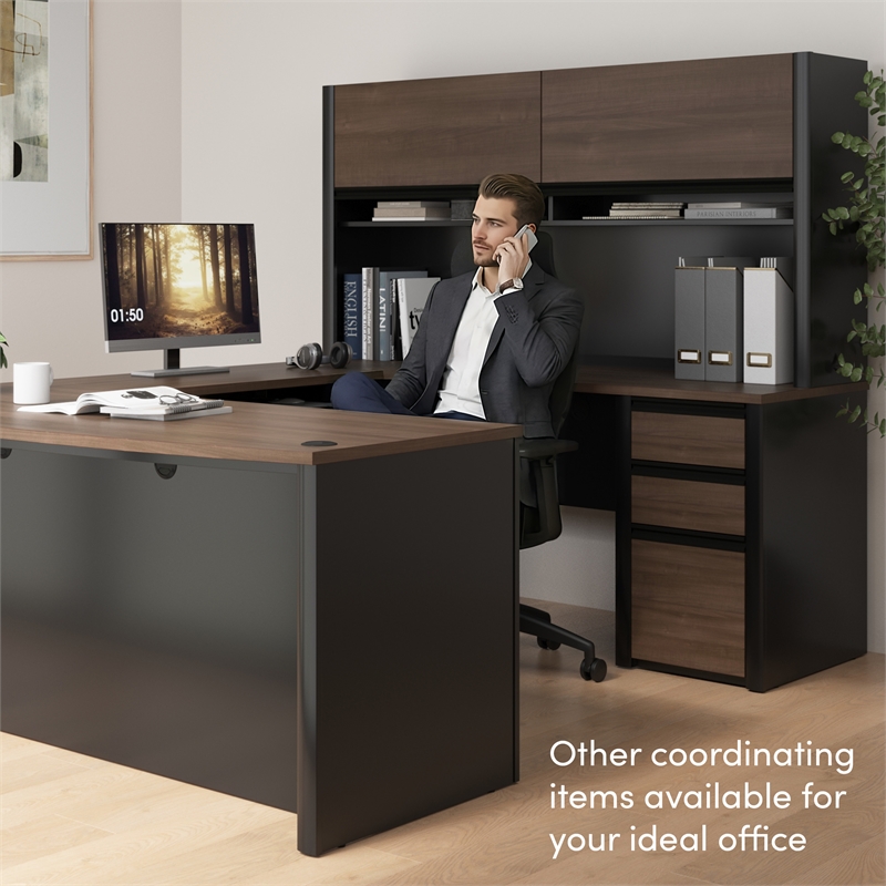 Bestar Connexion Engineered Wood L-Shaped Desk with Hutch in Slate/Sandstone