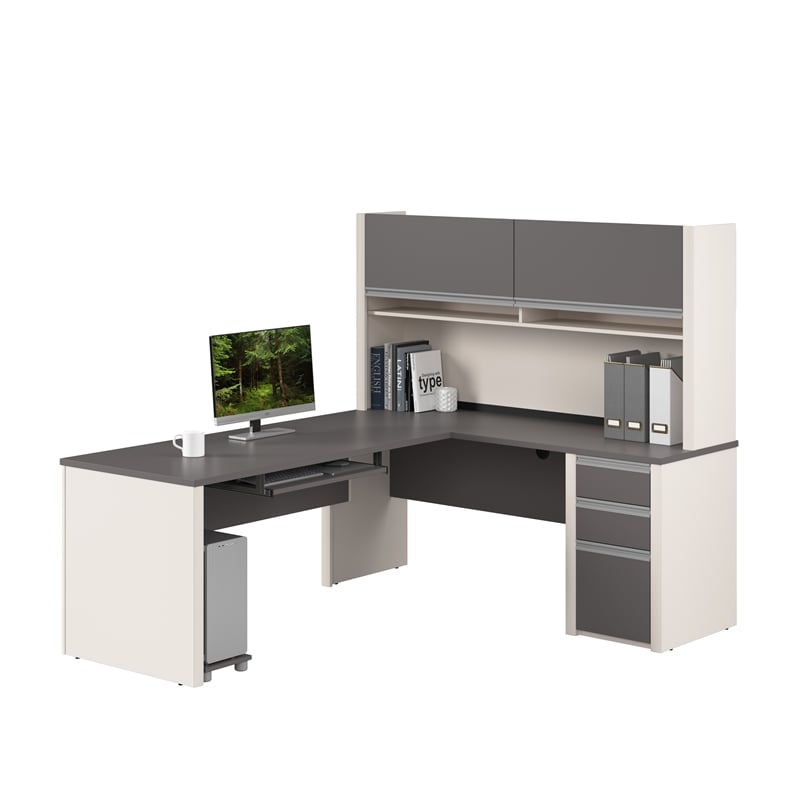 Bestar Connexion Engineered Wood L-Shaped Desk with Hutch in Slate/Sandstone