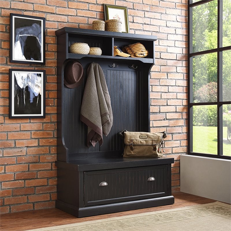 Crosley Furniture Seaside Wood Hall Tree in Distressed  Black