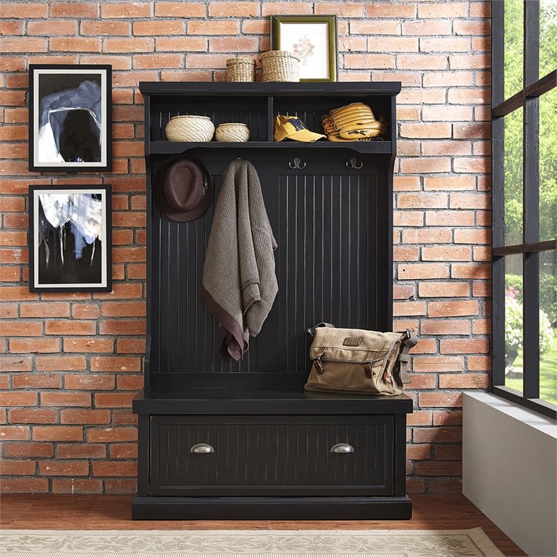 Crosley Furniture Seaside Wood Hall Tree in Distressed  Black