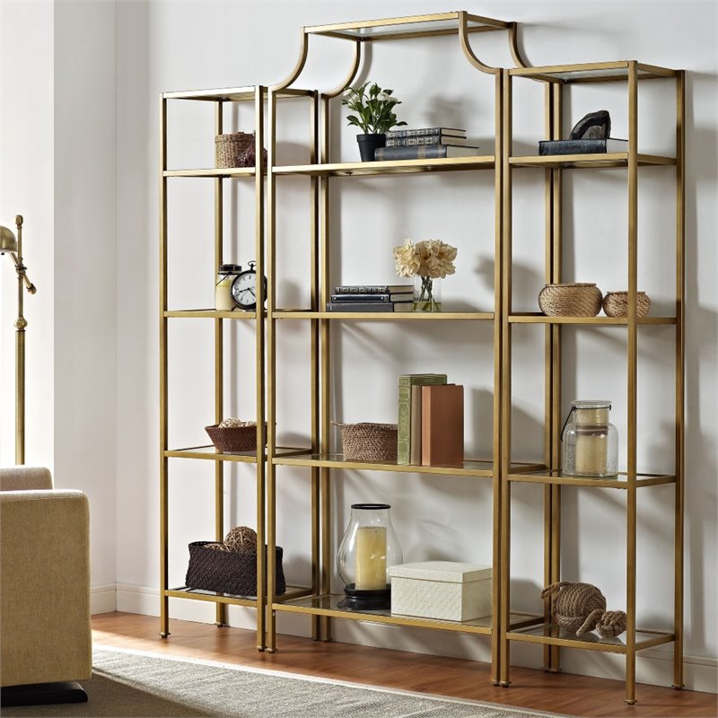 Crosley Furniture Aimee 3 Piece Glass/Metal Etagere Set in Antique Gold/Clear