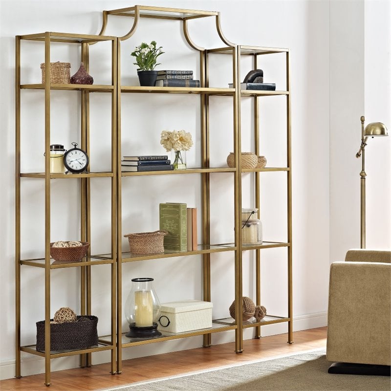 Crosley Furniture Aimee 3 Piece Glass/Metal Etagere Set in Antique Gold/Clear