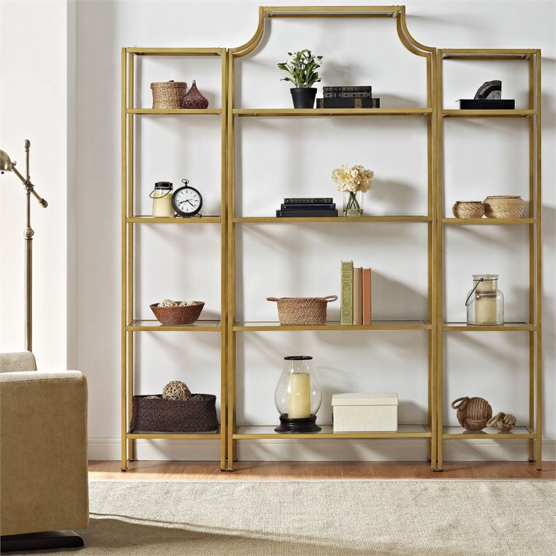 Crosley Furniture Aimee 3 Piece Glass/Metal Etagere Set in Antique Gold/Clear