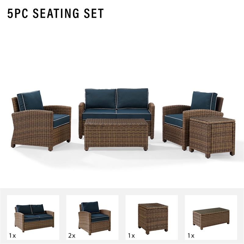 Crosley Furniture Bradenton 5 Piece Metal Patio Sofa Set in Brown/Navy