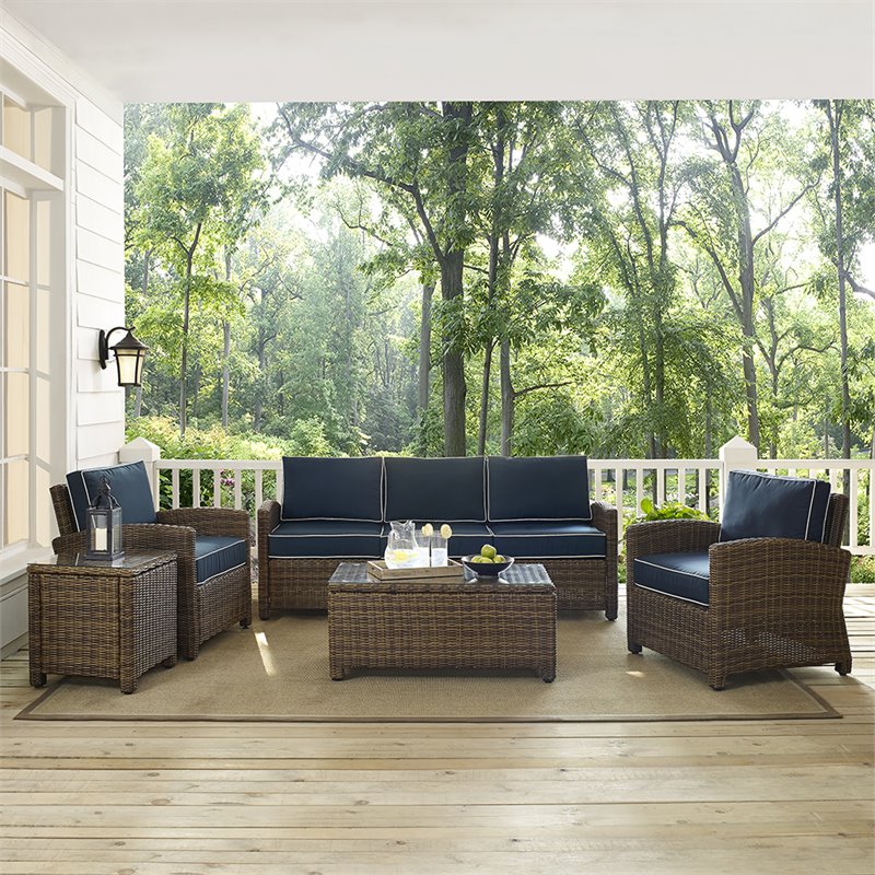 Crosley Furniture Bradenton 5 Piece Metal Patio Sofa Set in Brown & Navy