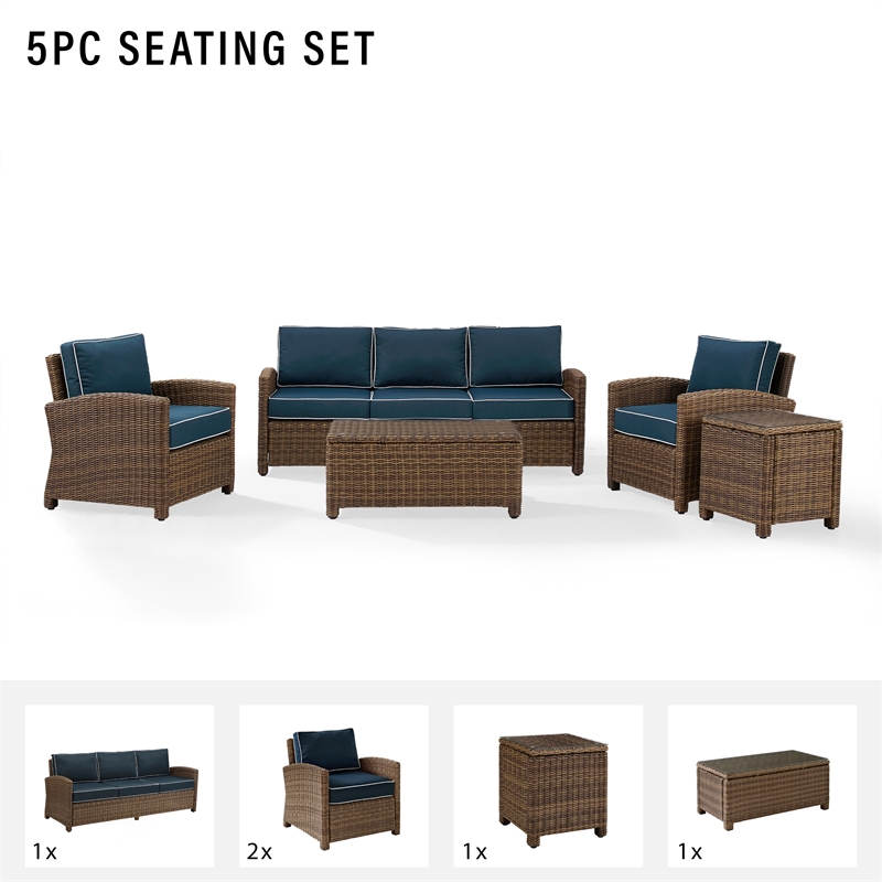 Crosley Furniture Bradenton 5 Piece Metal Patio Sofa Set in Brown & Navy