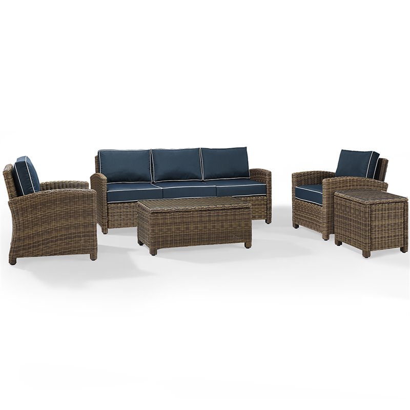Crosley Furniture Bradenton 5 Piece Metal Patio Sofa Set in Brown & Navy