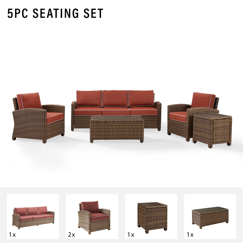 Crosley Furniture Bradenton 5 Piece Metal Patio Sofa Set in Brown/Sangria Red