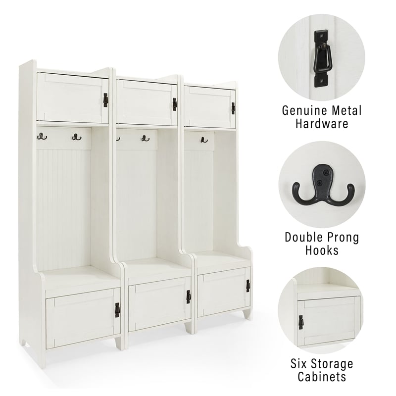 Crosley Furniture Fremont Wood Hall Tree in Distressed White (Set of 3)