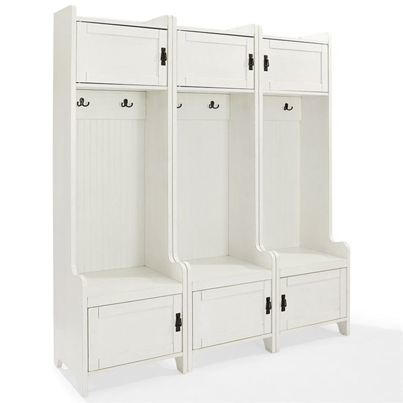 Crosley Furniture Fremont Wood Hall Tree in Distressed White (Set of 3)