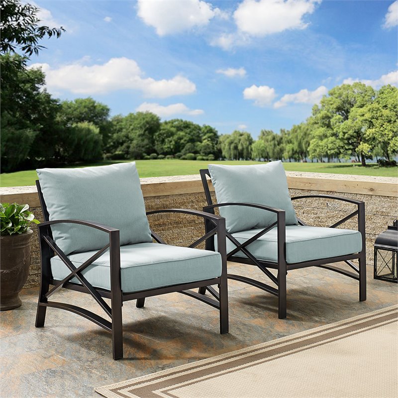 Crosley Furniture Kaplan Metal Patio Fabric Arm Chair in Mist Green (Set of 2)