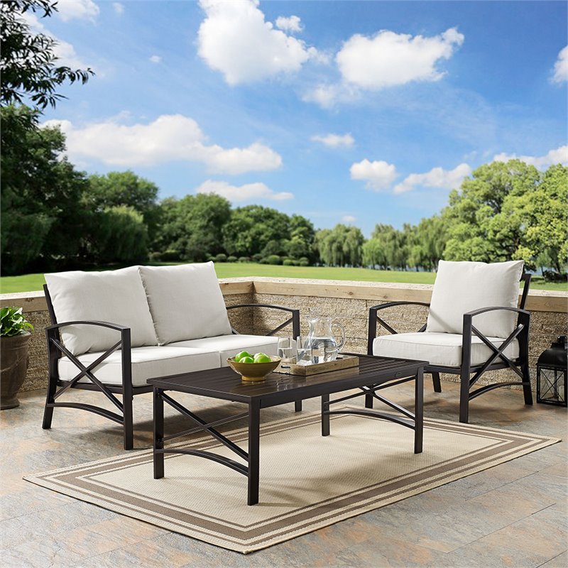 Crosley Furniture Kaplan 3Pc Patio Fabric Sofa Set in Oil Rubbed Bronze/Oatmeal