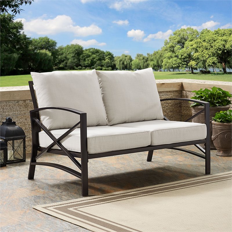 Crosley Furniture Kaplan Metal Patio Loveseat in Oil Bronze and Oatmeal