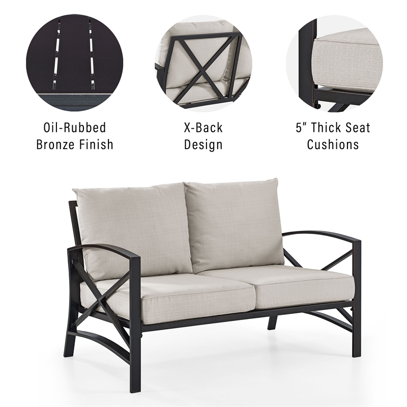 Crosley Furniture Kaplan Metal Patio Loveseat in Oil Bronze and Oatmeal