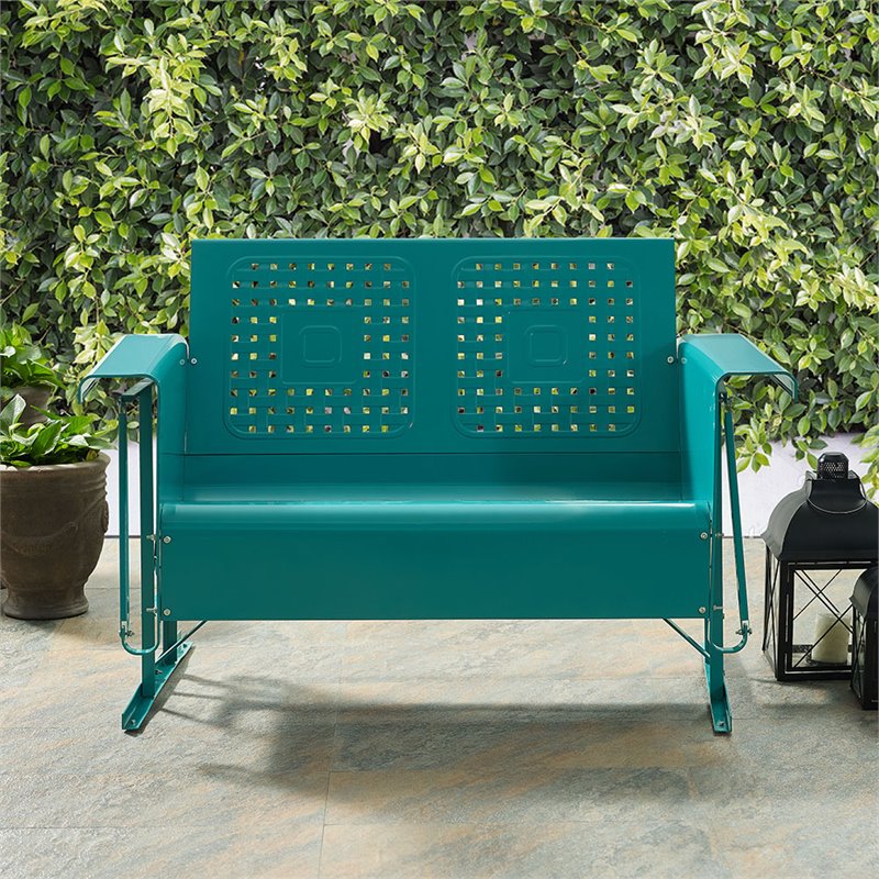 Crosley Furniture Bates Metal Gliding Patio Loveseat in Turquoise