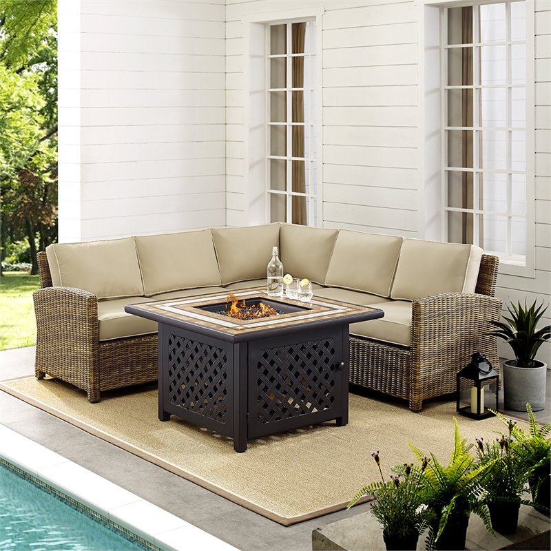 Crosley Furniture Bradenton 4Pc Fabric Fire Pit Sectional Set in Brown/Sand