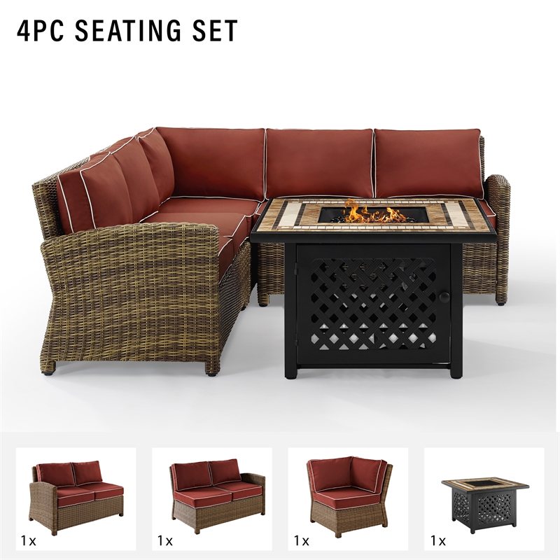 Crosley Furniture Bradenton 4Pc Fabric Fire Pit Sectional Set in Brown/Red