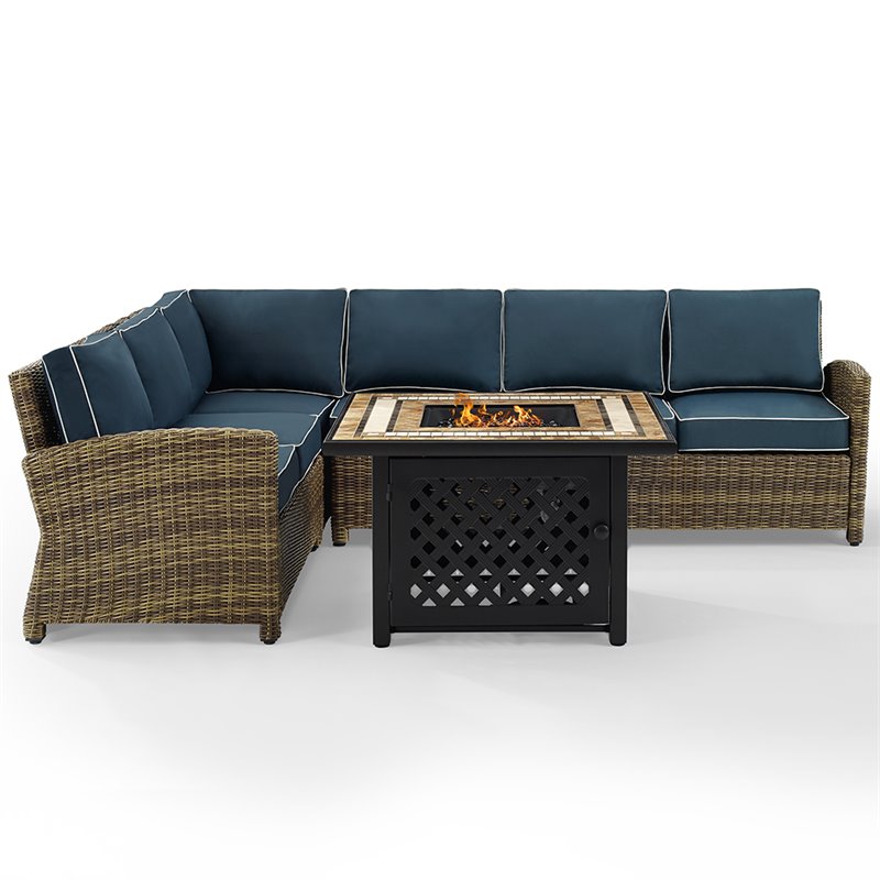 Crosley Furniture Bradenton 5Pc Fabric Fire Pit Sectional Set in Brown/Navy