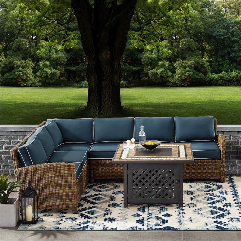 Crosley Furniture Bradenton 5Pc Fabric Fire Pit Sectional Set in Brown/Navy