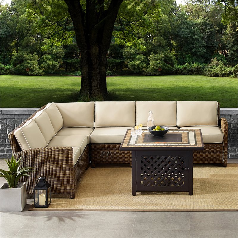 Crosley Furniture Bradenton 5 Pc Fabric Fire Pit Sectional Set in Brown/Sand